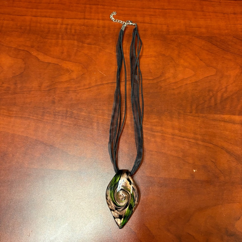 Art Glass Teardrop Pendant Necklace Green Brown‎ Swirl Ribbon Cord
